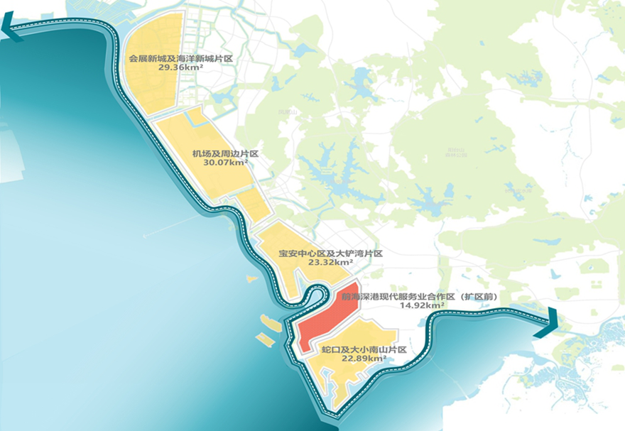 2021年9月6日，中共中央、国务院印发《全面深化前海深港现代服务业合作区改革开放方案》，明确新的前海合作区实施范围总面积由原来的14.92平方公里扩展至120.56平方公里?？占涓?，动力更强，必将掀起中国改革开放再出发的新浪潮。