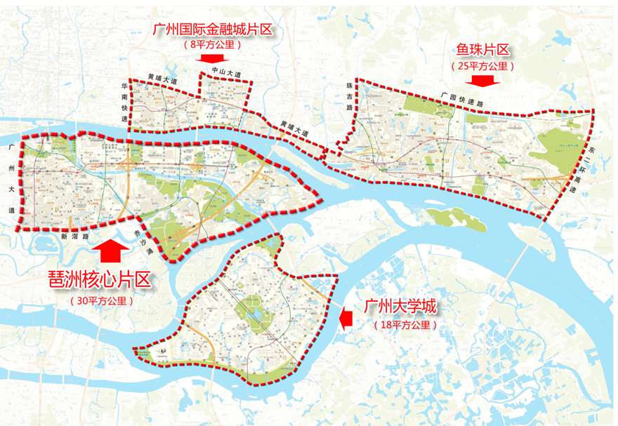 广州人工智能与数字经济试验区由琶洲核心片区（含广州大学城）、广州国际金融城片区和鱼珠片区构建起“一江两岸三片区”空间格局，总面积约81平方公里。每个片区都有各自不同的发展侧重点，取得了不同的发展成效。图为试验区示意图。