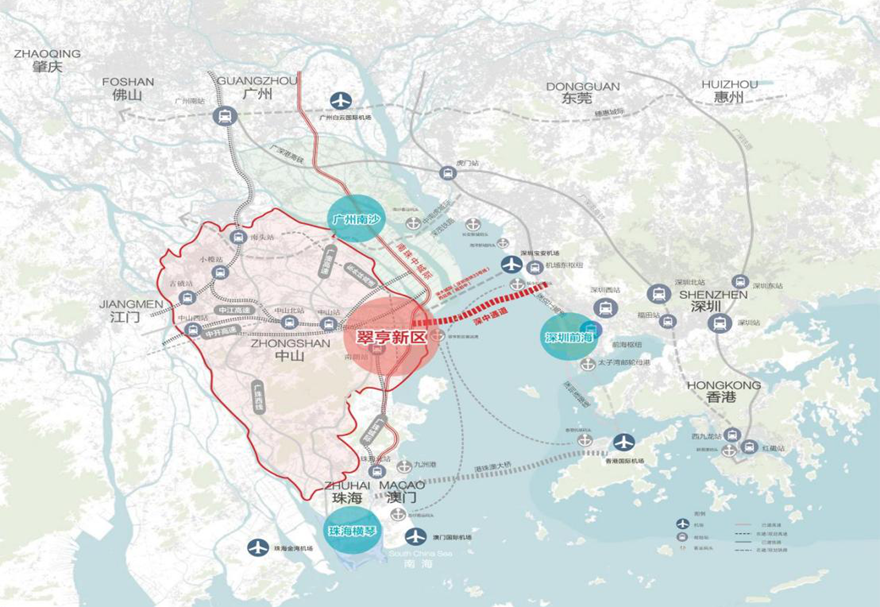 优越的区位和交通优势。翠亨新区地处粤港澳大湾区环湾核心圈层、环珠江口100公里“黄金内湾”，是珠江西岸连接深中通道的桥头堡。区内汇聚广澳高速等着重大交通基础设施，100公里范围内通达5个国际机场、4个国际港口，坐拥湾区“1小时优质生活圈”。其中，中山港澳码头航线直通香港、澳门、深圳等湾区重要城市。图为翠亨新区区位图。