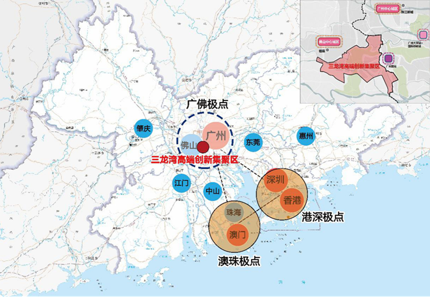2021年2月，广东省推进粤港澳大湾区建设领导小组正式印发了《佛山三龙湾高端创新集聚区发展总体规划(2020—2035年）》。三龙湾将打造成广东省推进粤港澳大湾区建设的重要发展平台和珠江西岸创新极核，建设成为面向全球的先进制造业创新高地、珠江西岸开放合作标杆、广佛融合发展引领区和高品质岭南水乡之城。图为三龙湾区位示意。