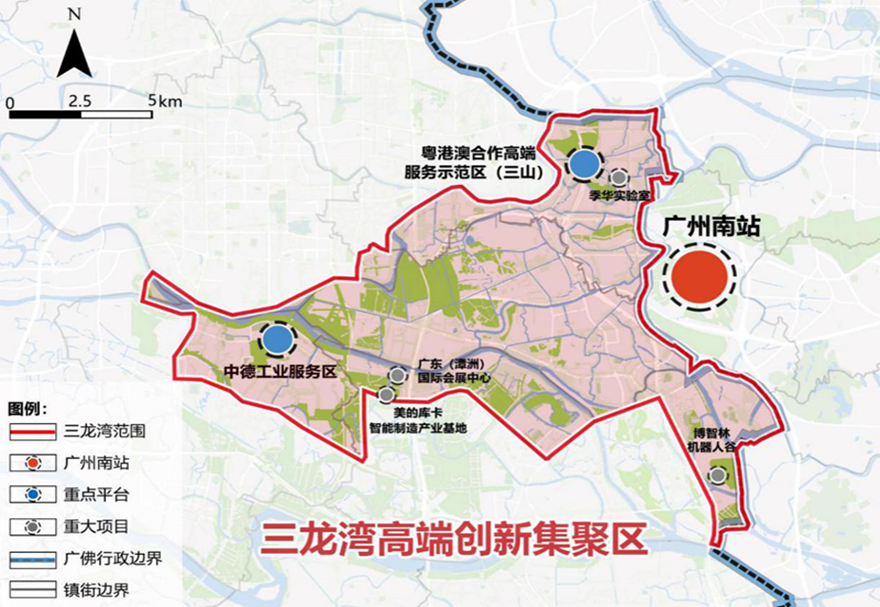 总体规划提出，三龙湾是佛山立足粤港澳大湾区的门户枢纽，已逐渐显现出创新要素集聚、产城融合发展的态势，具备高起点规划、高标准建设的基础条件。图为三龙湾规划范围。