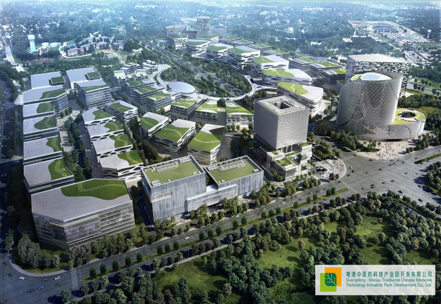 产业园位于横琴粤澳深度合作区环岛北路，占地50万平方米，总开发面积约140万平方米。围绕“国际级中医药质量控制基地”和“国际健康产业交流平台”的核心目标，以及打造“中医药产业与文化一带一路的国际窗口”的优势定位，以搭建产学研一体化平台、推动中医药国际化发展、以及发展大健康产业为思路规划与开展工作，目前园区整体建设已初具规模。图为粤澳合作中医药科技产业园设计效果图。