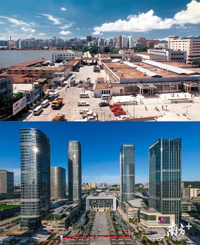 上图：上世纪80年代的拱北口岸原联检楼；下图：2020年，珠海横琴口岸新大楼拔地而起并投入使用