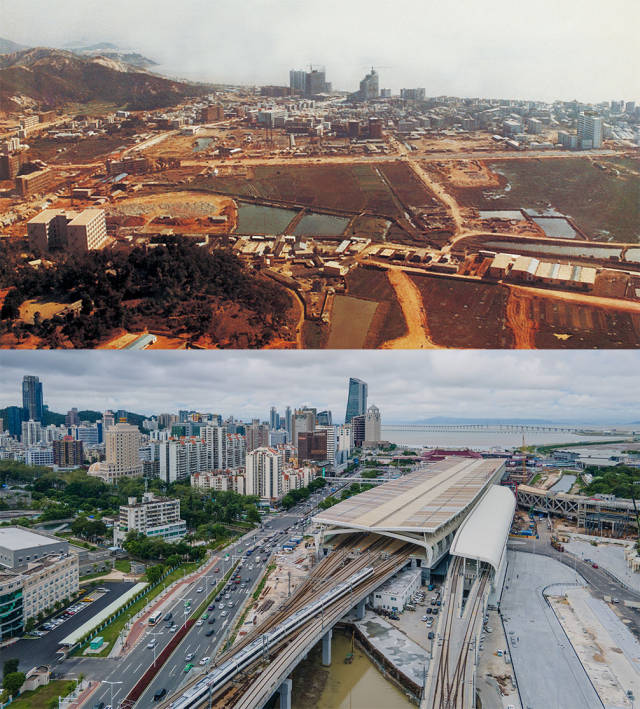 上图：1984年正在建设中的拱北区。洪汉波 摄；下图：2020年，城轨正在驶出拱北珠海站