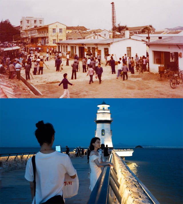 上图：1981年，香洲城区旧貌；下图：2020年，香洲情侣路边的爱情灯塔，成为市民游客游玩的热门景点