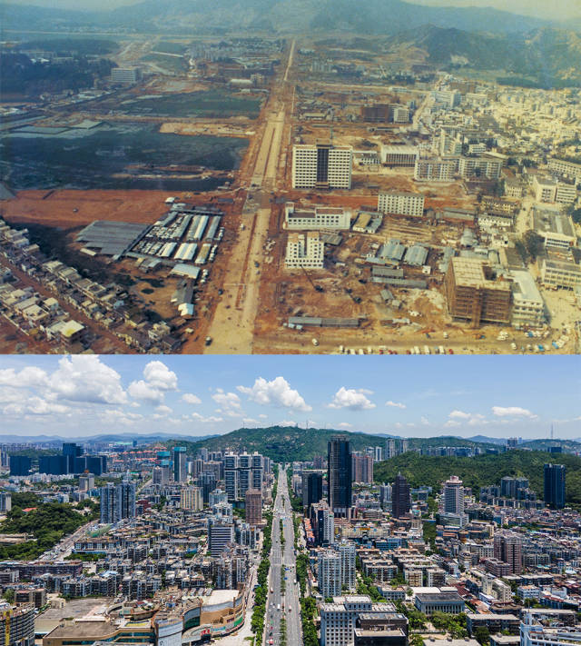 上图：1984年，动工建设的拱北迎宾大道；下图：2020年，北望板樟山，沿着迎宾大道发展的珠海市区