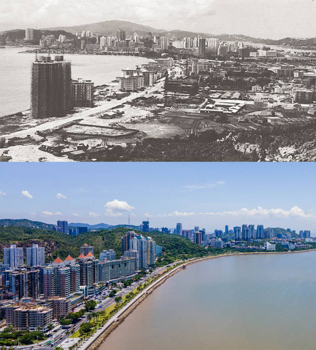 上图：1984年拱北海边一带。李小峥 摄；下图：2020年，拱北沿海
