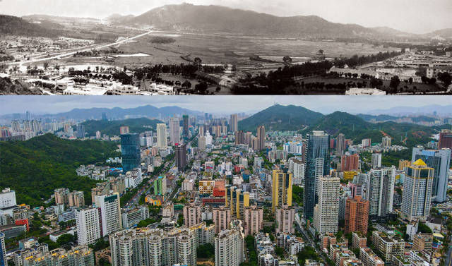上图：1983年，吉大旧貌?？浊煜?摄；下图：2020年，珠海香洲区吉大商业圈，曾经的平房如今高楼林立