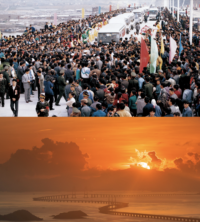 上图：1993年11月，珠海大桥通车；下图：2020年，港珠澳大桥日出。港珠澳大桥的建成使得粤港澳三地联系更加紧密