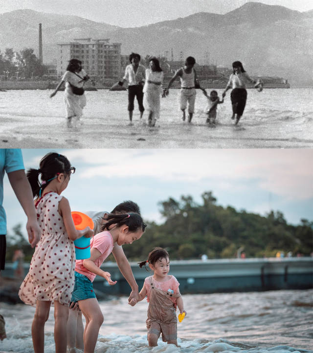 上图：1985年位于香洲湾海霞新村的外侧是海滩；下图：2020年，情侣路沿岸的海滩上，大人和孩子正在海水里玩耍