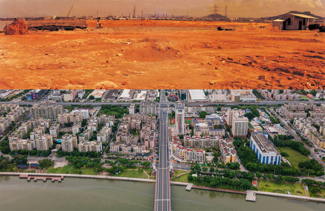 上图：1988年，拱北夏湾正在平整土地；下图：2020年，珠海市夏湾