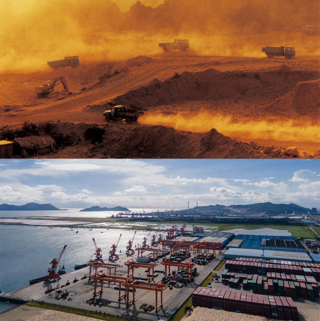 上图：1990年，珠海港在建设中；下图：2020年，珠海市高栏港经济区承载着特区货运枢纽的重担