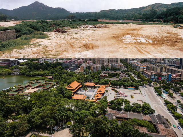 上图：1991年，圆明新园原址；下图：2020年，香洲区圆明新园如今被一栋栋崭新的现代楼房包围