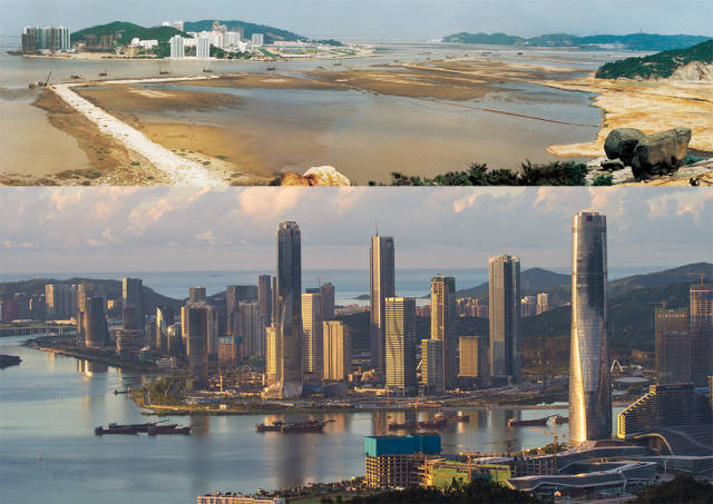 上图：1992年，横琴岛十字门围海造地；下图：2020年，珠海横琴新区的建设正如火如荼进行中