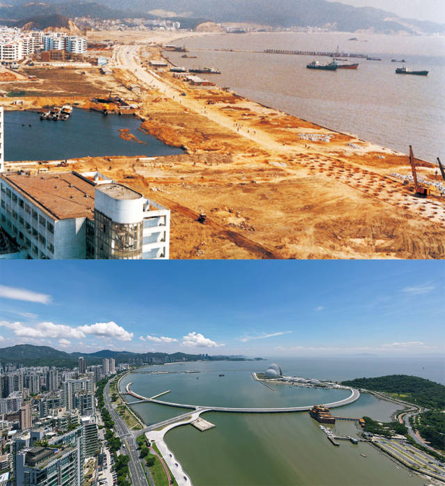 上图：1991年，香洲湾情侣中路在建设中；下图：2020年，香洲湾情侣路今景。外海处的日月贝大剧院成为珠海的新地标