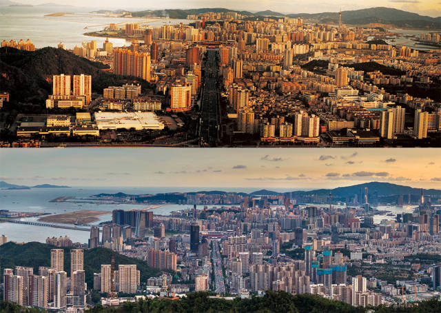 上图：上世纪90年代初，珠海和澳门夕照锦辉；下图：2020年，板樟山俯瞰珠海和澳门