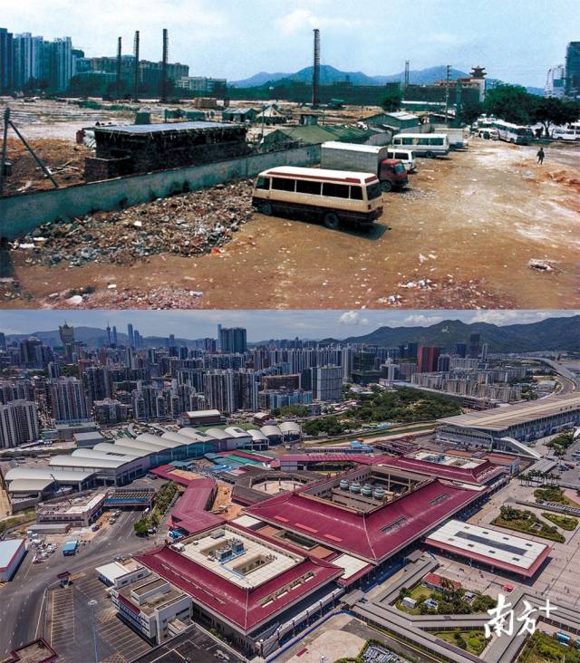 上图： 1991年拱北口岸广场原貌；下图：2020年，拱北口岸仍是两地交流的大门