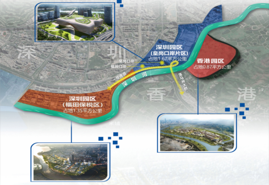 在区位方面，河套合作区地处香港特别行政区北部和深圳市中南部跨境接壤地带，面积3.89平方公里，具有“一河两岸、一区两园”跨境直连互通的独特优势。图为河套合作区区位图。