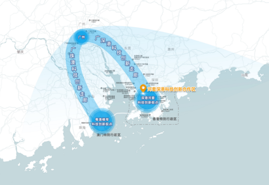 河套合作区地处大湾区科技创新资源集聚的地带，有力支撑广深港科技创新走廊建设，有利于融合香港原始创新和珠三角地区高新技术产业优势，全方位汇聚创新资源。图为两点两廊（即广深港、广珠澳科创走廊和深圳河套、珠海横琴创新极点）示意图。