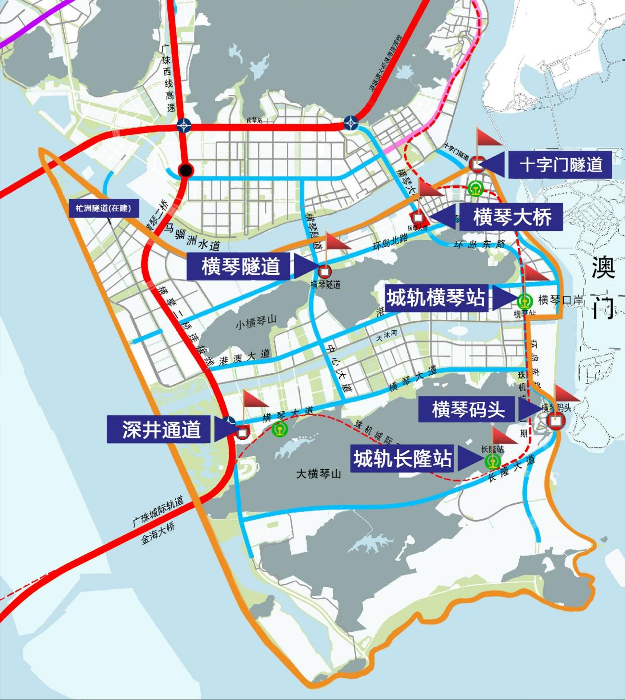 　　横琴粤澳深度合作区“一线”“二线”示意图。其中，“一线”主要是横琴口岸；“二线”通道主要包括横琴大桥、横琴隧道、深井通道、横琴码头、广珠城轨延长线横琴站及长隆站、十字门隧道（临时出岛）。横琴粤澳深度合作区执委会供图。
