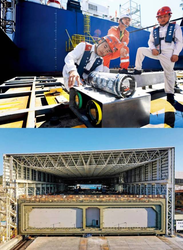 上图：2022年7月22日，在“一航津安1”号沉管运输安装一体船挂载的E19沉管上，测绘团队负责人（左一）为潜水员讲解拆解水下双目摄影定位设备的注意事项。下图：2023年1月30日，中交四航局珠海牛头岛沉管智慧工厂，深中通道海底隧道最后一个管节（非标准管节、含最终接头）。本版图/新华社