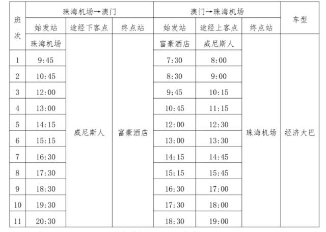 直通巴士时刻表。