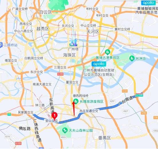 蓝色曲线为广台高速，红色箭头为广台高速以北番禺地区。