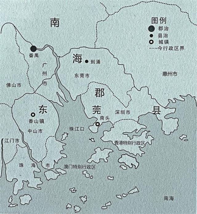 唐代东莞县辖区图。来源：《深圳古代史》，陈海滨 著，深圳报业集团出版社2015年1月第一版。
