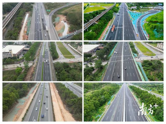 广澳高速部分路段改扩建前（左）与改扩建后（右）对比。