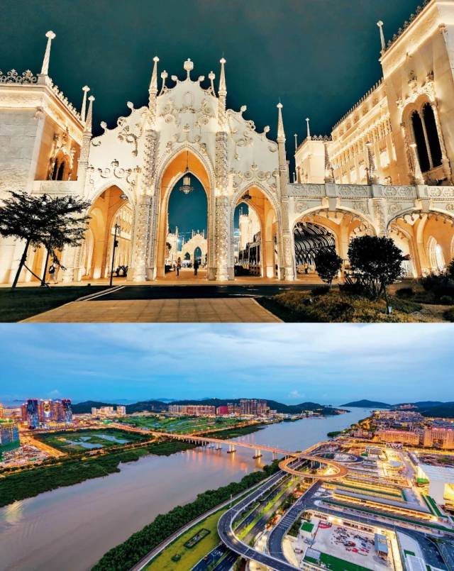上图：航拍珠海湾仔、横琴和澳门。中图：励骏庞都广场。下图：莲花大桥。本版图/视觉中国 IC