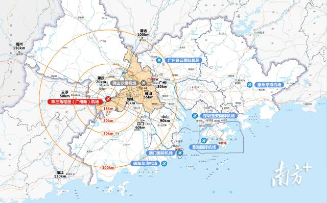机场在粤港澳大湾区的位置。