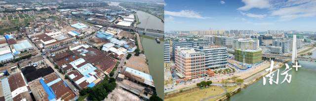 中山智能家电产业园（大岑片区）改造前后对比。左图为资料图，右图高隽摄。  中山智能家电产业园（大岑片区）改造前后对比。左图为资料图，右图高隽摄。