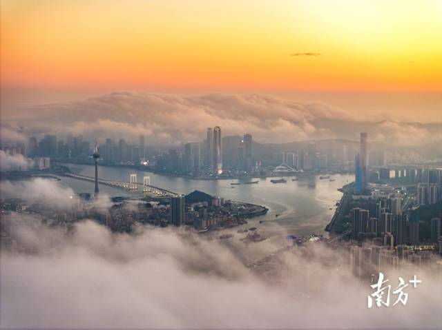 日落时分，俯瞰云海下的澳门与横琴金融岛。南方+拍客 陈烁明 摄
