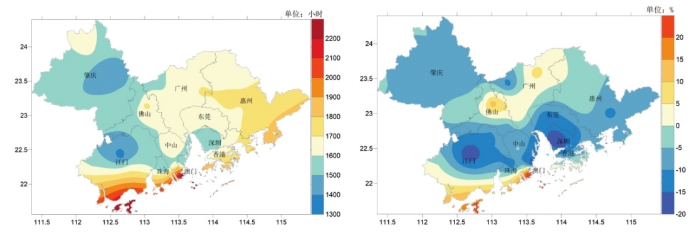 左图为2024大湾区年日照时数分布（小时），右图为2024大湾区年日照时数距平百分率分布（%）