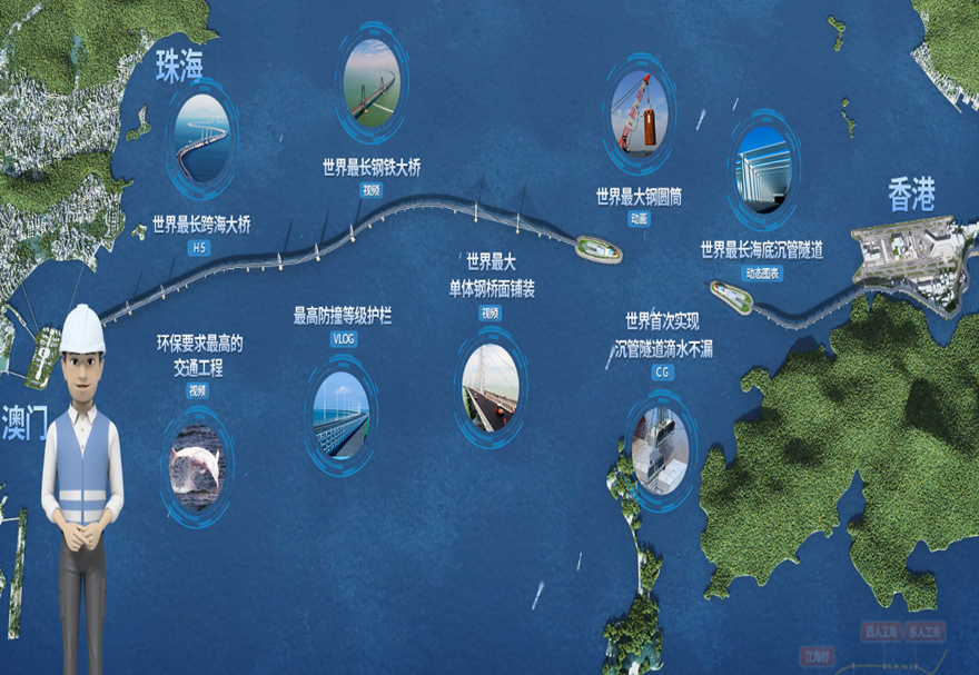 港珠澳大桥创造了众多“中国之最”“世界之最”——它是世界最长跨海大桥，拥有世界最长海底沉管隧道，是世界最长钢结构桥梁……设计使用年限首次采用120年的标准。设计速度100千米/小时，桥面为双向六车道高速公路，采用世界最大尺寸高阻尼橡胶隔震支座，支座承载力约3000吨，能抵抗16级台风、8级地震及30万吨巨轮撞击。