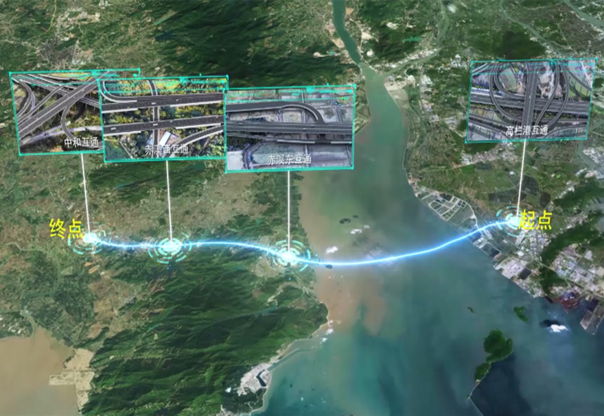 黄茅海跨海通道项目以跨海桥梁方式跨越崖门口黄茅海水域，设置通航孔桥两座，分别为高栏港大桥和黄茅海大桥。项目全长约31公里，采用双向6车道高速公路标准，将同时建设2座700米级超大斜拉桥，其中高栏港大桥为主跨700米独柱塔双索面全漂浮体系斜拉桥，黄茅海大桥为主跨2x720米独柱塔双索面三塔斜拉桥，并设中、长隧道各1座，互通立交4处，其中黄茅海大桥建成后将成为世界最大跨径三塔斜拉桥。图为黄茅?？绾Ｍǖ牢恢眯Ч?。